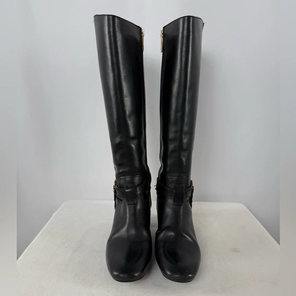 Vintage Y2K Tory Burch Leather Gold Logo Knee‎ High Heeled Boots in Black Size 7